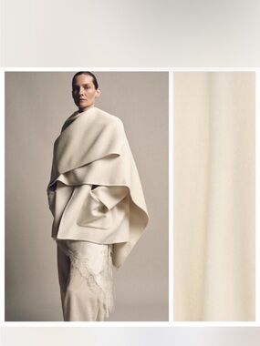 Zara ZW Wool Collection Elegant Cream Draped Cape Coat, Size Large Women’s